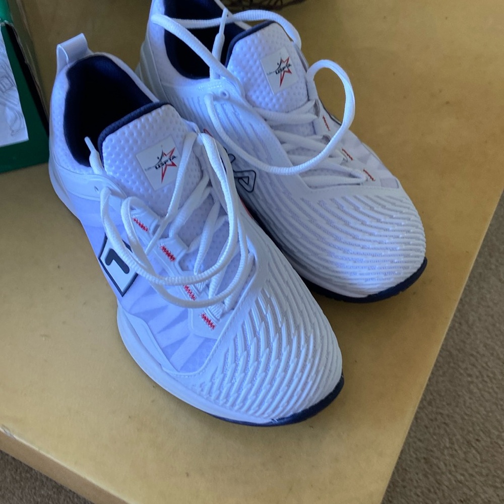 Brand new never worn Fila tennis court shoes, red, white, and navy